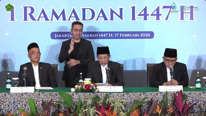 Pemerintah melalui Kementerian Agama (Kemenag) RI resmi menetapkan 1 Ramadan 1447 Hijriah jatuh pada Kamis, 19 Februari 2026. Keputusan tersebut diambil dalam sidang isbat yang digelar di Hotel Borobudur Jakarta pada Selasa (17/2/2026). (Foto: Tangkapan layar Kemenag RI)