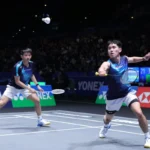 Ganda putra Indonesia Raymond Indra/Nikolaus Joaquin pada laga All England 2026 di Utilita Arena Birmingham, Inggris. (Foto: PBSI)