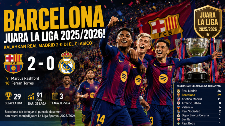 Klub raksasa Spanyol, FC Barcelona, resmi memastikan diri menjadi juara La Liga Spanyol musim ini setelah menaklukkan rival abadinya, Real Madrid, dengan skor 2-0 pada pekan ke-35 La Liga di Stadion Spotify Camp Nou, Senin (11/5/2026) WIB. (Foto ilustrasi: Gebrak.id/AI)