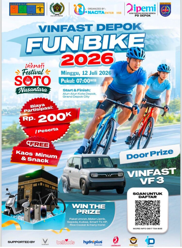 PWI Kota Depok bersama Ikatan Pengusaha Muslimah Indonesia (IPEMI) akan mengadakan VinFast Fun Bike 2026 yang dipadukan dengan Festival Soto Nusantara pada Minggu, 12 Juli 2026.