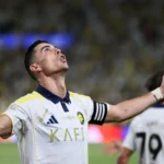 Megabintang Al-Nassr Cristiano Ronaldo berselebrasi merayakan golnya ke gawang Damac dalam laga lanjutan Liga Arab Saudi di Stadion Al-Awwal Park, Riyadh, Arab Saudi, Jumat (22/5/2026) dini hari WIB. (Foto: Antara/AFP/Fayez Nureldine)