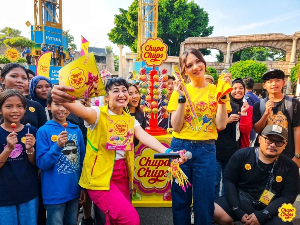 PT Perfetti Van Melle Indonesia melalui merek Chupa Chups kembali memperluas kampanye brand experience interaktif dengan menyapa konsumen di ajang Hysteria yang digelar di Dunia Fantasi (Dufan), Ancol, Jakarta, pada Juli 2026. Momentum ini sekaligus dimanfaatkan perusahaan untuk meluncurkan secara resmi produk terbarunya, Crazy Raffe Jelly Candy. (Foto: Chupa Chups)